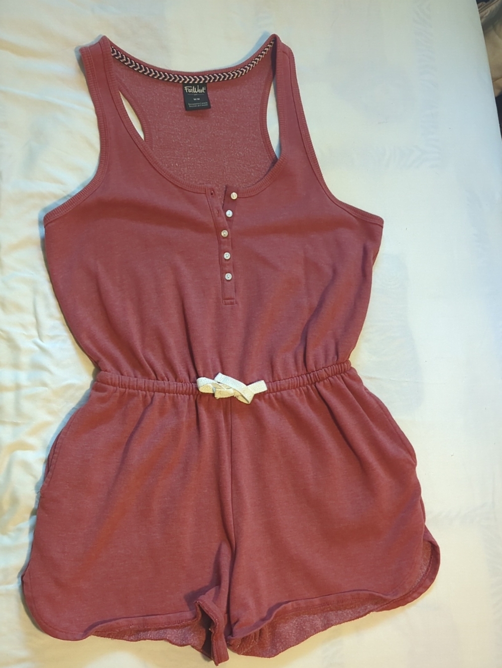 Heather Rust Sleeveless Henley Romper with Cream Tie